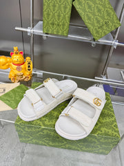 GG SANDALS IN WHITE FABRIC AND CALFSKIN WITH GOLD HARDWARE