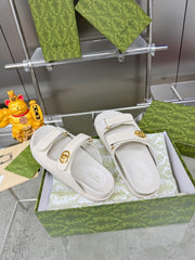 GG SANDALS IN WHITE FABRIC AND CALFSKIN WITH GOLD HARDWARE