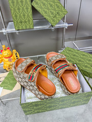 GG SANDALS 22 IN ORANGE CALFSKIN AND BEIGE FABRIC WITH GOLD HARDWARE