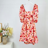 PUFF SLEEVE MINI DRESS 25S RED IN LINEN 266363