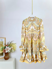 HIGH-NECK LONG-SLEEVE PRINTED DRESS IN PURPLE AND YELLOW