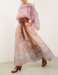 ZIMMER SILK MIDI DRESS IN PASTEL BLUE-GREEN AND LIGHT PURPLE