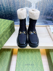 HORSEBIT ANKLE BOOTS WITH MERINO TRIM IN BLACK NYLON MIX CALFSKIN