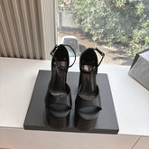 PLATFORM ANKLE STRAP HEELS IN BLACK SMOOTH CALFSKIN