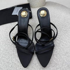 YSL 25S STRAPPY HIGH-HEEL SANDALS 95 MM IN BLACK LAMBSKIN