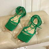 STRETCH LACE-UP FLAT SANDAL IN COOL GREEN METALLIZED MESH AND LEATHER