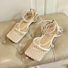 STRETCH LACE-UP FLAT SANDAL IN WHITE CREAM METALLIZED MESH AND LEATHER