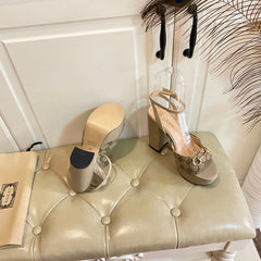 GG HORSEBIT PLATFORM SANDAL IN KHAKI BEIGE MONOGRAM CANVAS AND SHEEPSKIN LINING