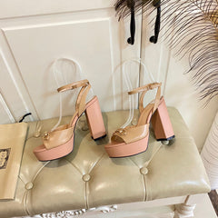 GG HORSEBIT PLATFORM SANDAL IN WHEAT BEIGE MIX LIGHT PINK SHEEPSKIN
