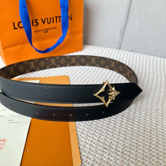 LV FLOWERGRAM 30MM REVERSIBLE BELT IN BLACK CALFSKIN GOLD HARDWARE