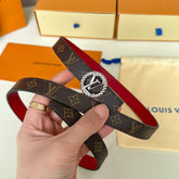 LV Circle Nautical 20mm Reversible Belt Silver Buckle Red Brown Lambskin