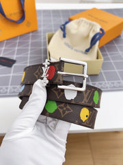 LV Bloom 30mm Mutilcolor Belt Silver Buckle Black Brown Leather