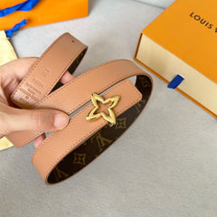 LV MINI FLOWERGRAM 30MM REVERSIBLE BELT IN BUFF BROWN CALFSKIN GOLD HARDWARE