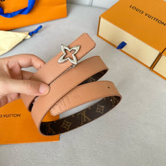 LV MINI FLOWERGRAM 30MM REVERSIBLE BELT IN BUFF BROWN CALFSKIN SILVER HARDWARE