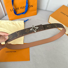 LV MINI FLOWERGRAM 30MM REVERSIBLE BELT IN BUFF BROWN CALFSKIN SILVER HARDWARE