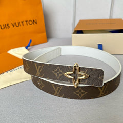 LV Flowergram 30mm Reversible Belt Gold Buckle White Brown Leather