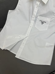 WHITE SLEEVELESS BUTTON-UP SHIRT