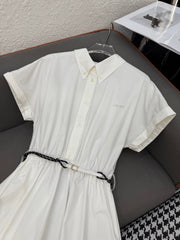 MM LONG DRESS IN WHITE TEXTURED FABRIC WITH BELT