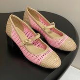 HIGH BALLET MARY JANE 50MM IN NATURAL BEIGE AND PINK RAFFIA
