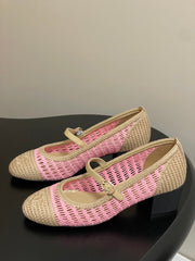 HIGH BALLET MARY JANE 50MM IN NATURAL BEIGE AND PINK RAFFIA