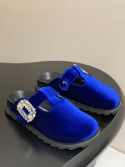 ROGER VIVIER 25S VIV' RANGERS MULES IN DARK BLUE VELVET EMBELLISHED CRYSTALS
