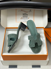 HM 25S ORAN HIGH‑HEEL SANDAL IN MUTED MINT GREEN SUEDE AND LAMBSKIN