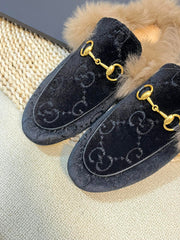 HORSEBIT MULE IN BLACK MONOGRAM VELVET AND LAMB WOOL LINING