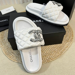 New Style Diamond Buckle Double C Thick Bottom Slippers White Sheepskin