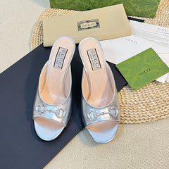 GG Women's Horsebit mid-heel slide sandal in Silver