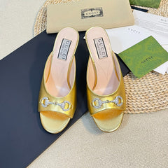 GG Women's Horsebit mid-heel slide sandal in Gold