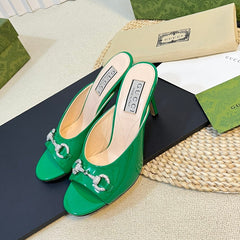 GG Women's Horsebit mid-heel slide sandal in glossy Jade Green