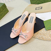 GG Women's Horsebit mid-heel slide sandal in glossy Rose Pink