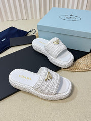 PRA CROCHET FLATFORM SLIDES WHITE RAFFIA