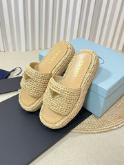 PRA CROCHET FLATFORM SLIDES BEIGE RAFFIA
