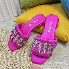 Women's Bright Pink Leather Diamond Slippers