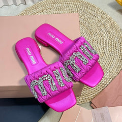 Women's Bright Pink Leather Diamond Slippers