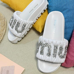 White Sheepskin Diamond Slippers
