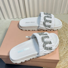 White Sheepskin Diamond Slippers