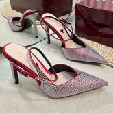 HIGH SLINGBACK 10 CM IN CHERRY RED SILK WITH FULL RHINSTONES