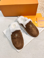LV COSY FLAT COMFORT CLOG IN RUSSET BROWN SUEDE AND SHEARLING LINING