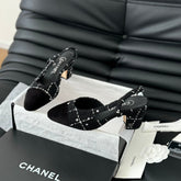 HIGH SLINGBACK IN BLACK TWEED AND LAMBSKIN