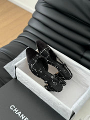 HIGH SLINGBACK IN BLACK TWEED AND LAMBSKIN