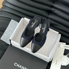 HIGH SLINGBACK IN NAVY BLUE TWEED AND BLACK LAMBSKIN