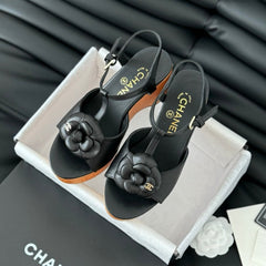 Double C New Wood Grain Platform Sandal Black Lambskin