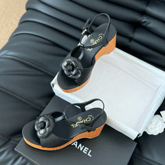 Double C New Wood Grain Platform Sandal Black Lambskin