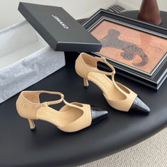 HIGH HEELS WAIST CUTTING IN BROWN BEIGE MIX BLACK CALFSKIN