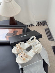 HIGH SANDALS IN WHITE TWEED WITH LOGO STICKER DETAIL