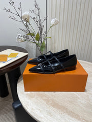POINTED-TOE TRIPLE-STRAP BALLET FLAT IN BLACK PATENT CALFSKIN