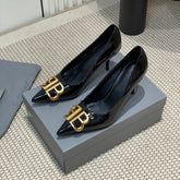 POINTED BB GOLD BUCKLE HIGH PUMPS 80MM IN BLACK PATENT CALFSKIN