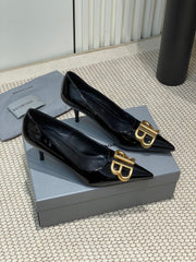 POINTED BB GOLD BUCKLE HIGH PUMPS 60MM IN BLACK PATENT CALFSKIN